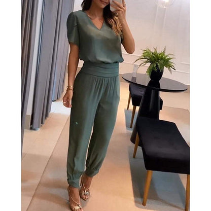 Damenset - Chic - Bluse mit V-Ausschnitt und elastische Hose - Ideal für jeden Tag