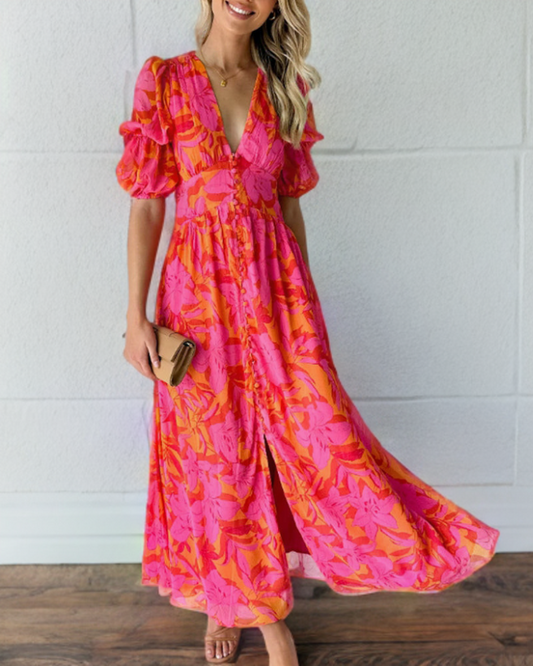Colleen - Elegantes Kleid mit bauschigen Ärmeln und tiefem V-Print