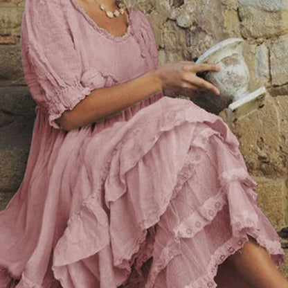 Bequemes Maxikleid aus Leinen mit Baumwollrüschen im Vintage-Stil