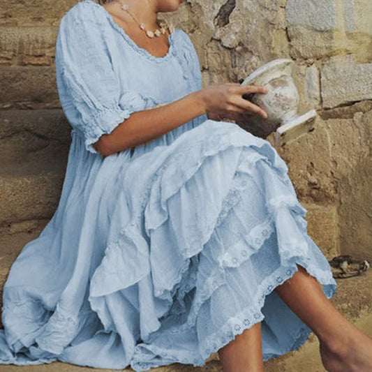 Bequemes Maxikleid aus Leinen mit Baumwollrüschen im Vintage-Stil