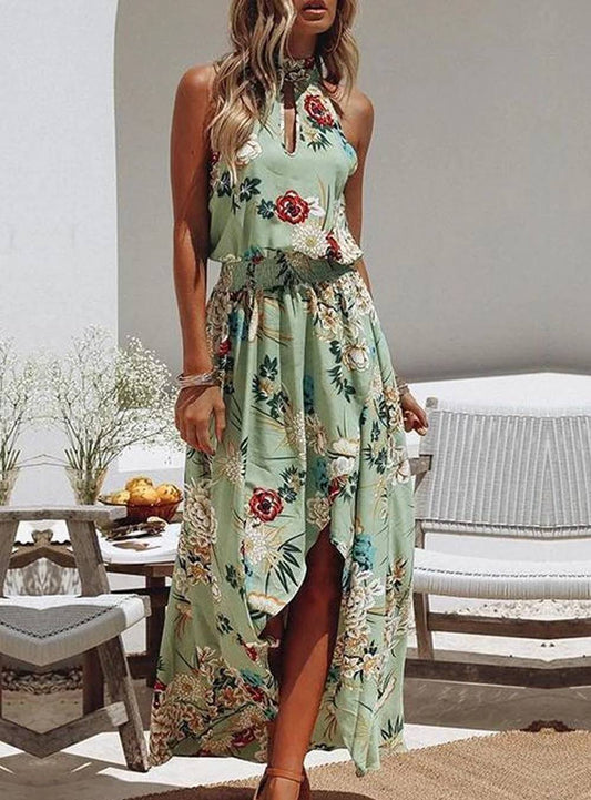Cosima - Grünes Kleid mit Blumendruck und modischem Rundhalsausschnitt