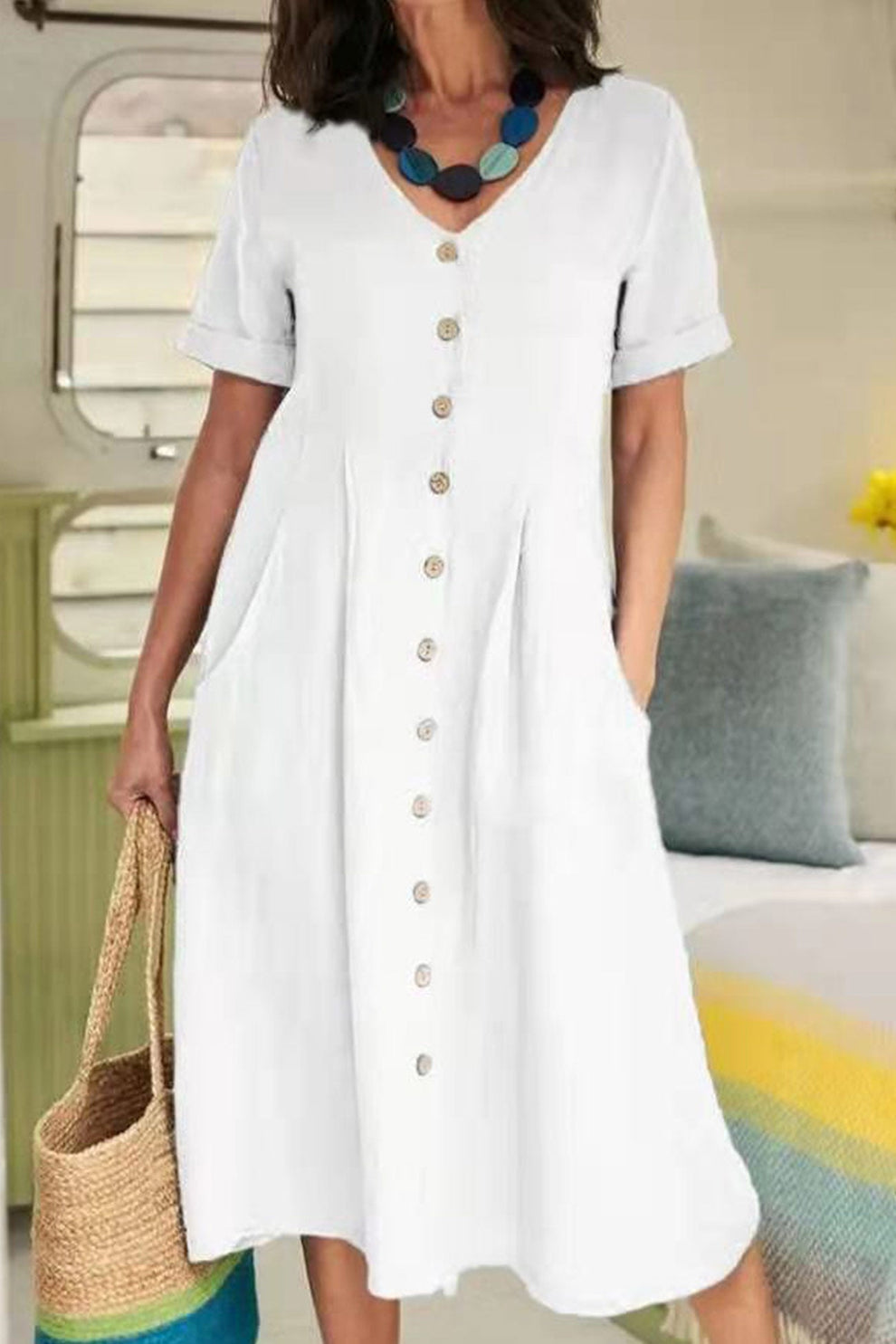 Leichtes Midikleid mit kurzen Ärmeln und Knopfleiste im T-Shirt-Stil
