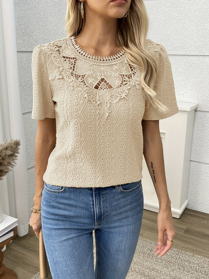 Bluse mit Rundhalsausschnitt, Spitzen-Details und kurzen Ärmeln