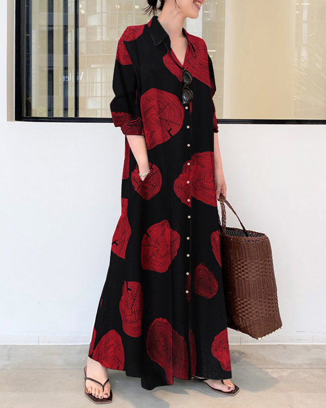Cypriana - Bedrucktes langärmeliges Leinenkleid mit lockerem Maxikleid