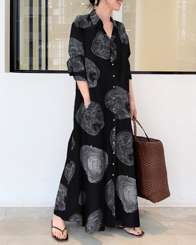 Cypriana - Bedrucktes langärmeliges Leinenkleid mit lockerem Maxikleid