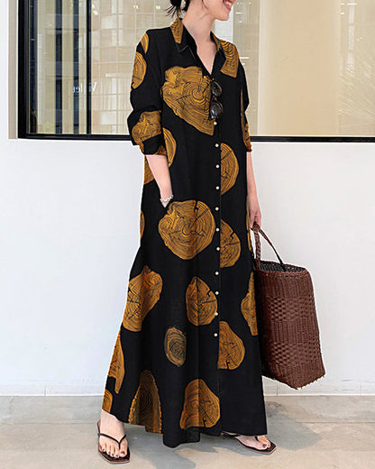 Cypriana - Bedrucktes langärmeliges Leinenkleid mit lockerem Maxikleid