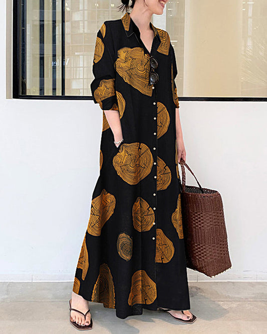 Cypriana - Bedrucktes langärmeliges Leinenkleid mit lockerem Maxikleid