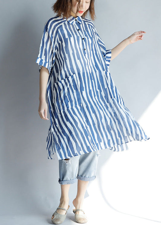 Storchia - Blau gestreiftes A-Linien-Kleid mit Pattentaschen