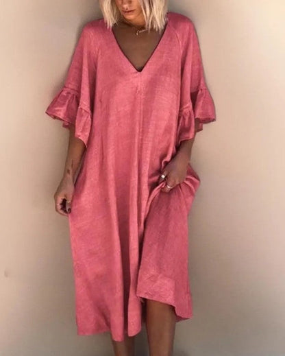 Dakota - Elegantes, locker genähtes Kleid mit V-Ausschnitt in einer Uni-Farbe