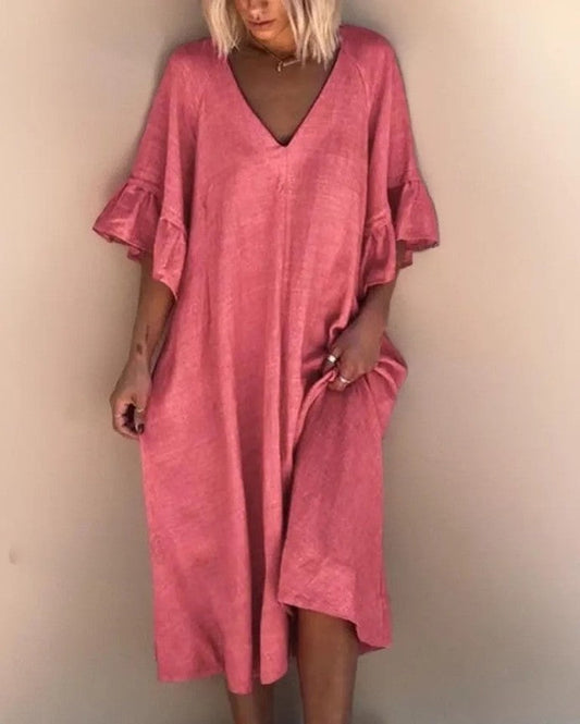 Dakota - Elegantes, locker genähtes Kleid mit V-Ausschnitt in einer Uni-Farbe