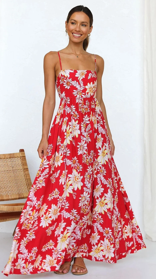 Damaris - Rotes geblümtes Midikleid