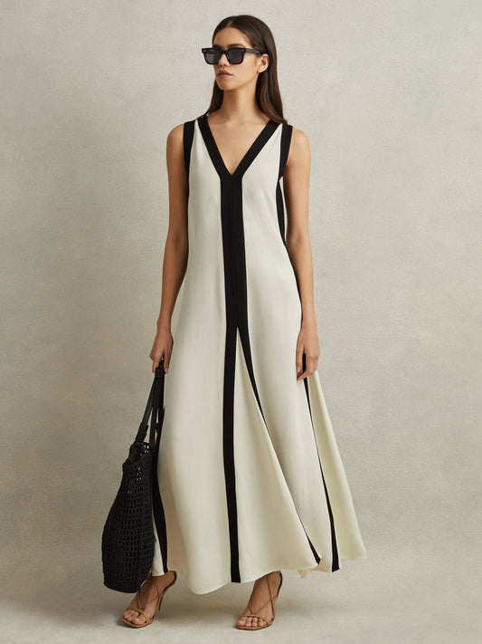 Darla - Langes Kleid in A-Linie mit Farbblockmuster, wendbar, elegant, mit Klaviertasten