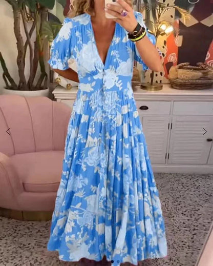 Delvina - Bequemes langes Kleid mit V-Ausschnitt und Tasche