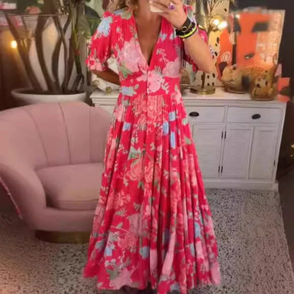 Delvina - Bequemes langes Kleid mit V-Ausschnitt und Tasche