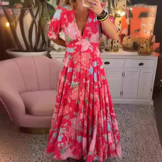 Delvina - Bequemes langes Kleid mit V-Ausschnitt und Tasche