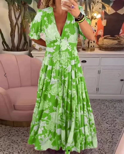 Delvina - Bequemes langes Kleid mit V-Ausschnitt und Tasche