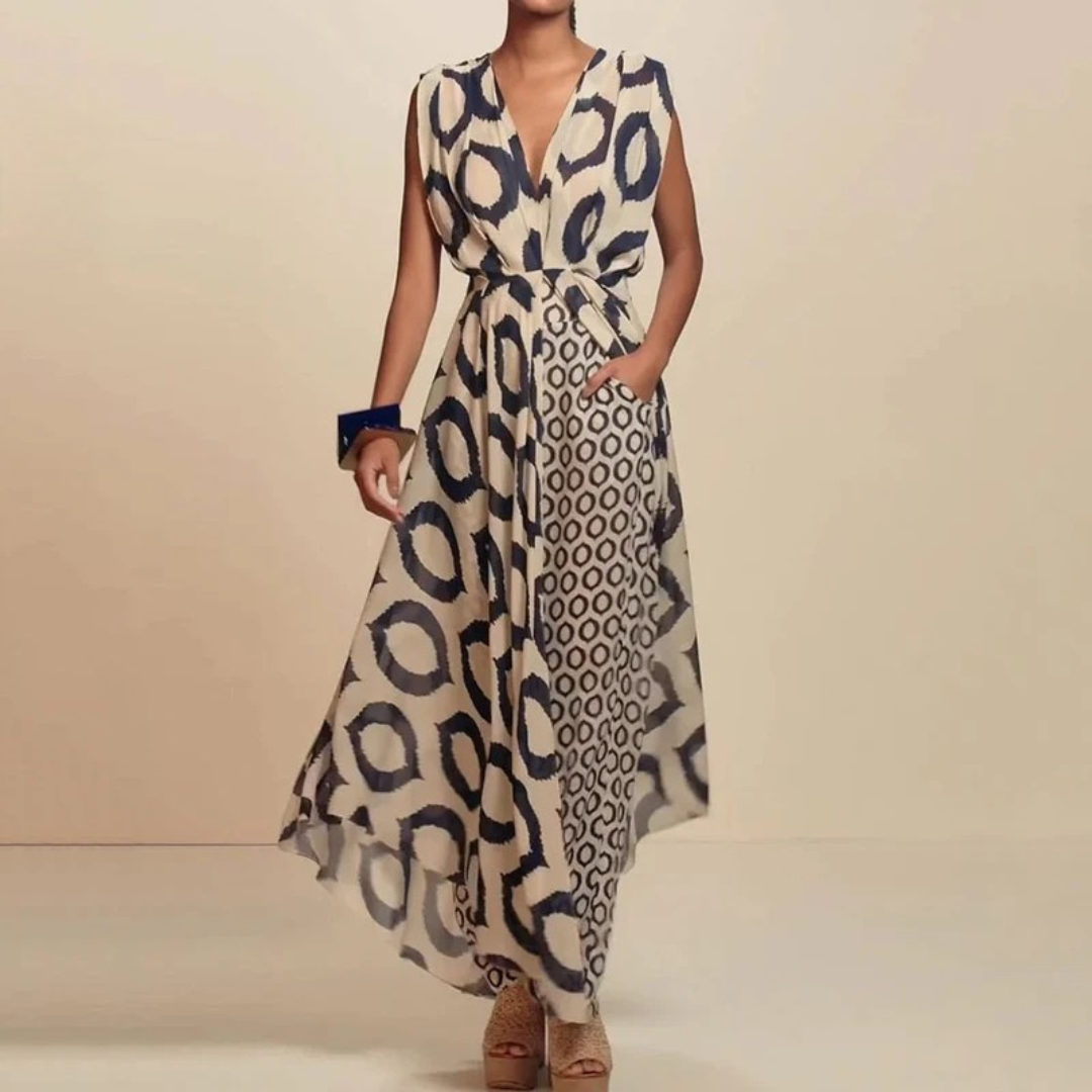 Langes Kleid mit ethnischem Print und Taschen