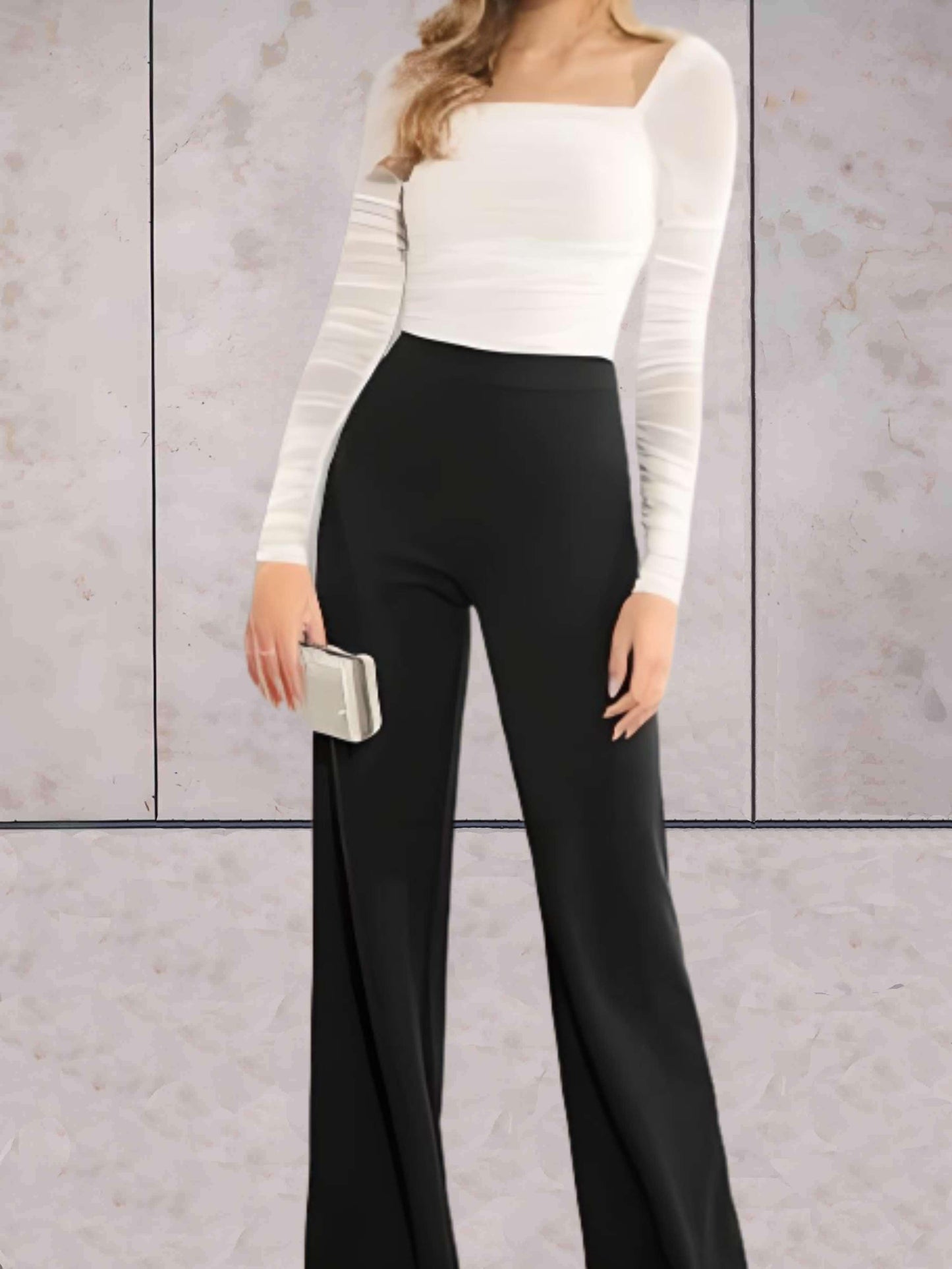 Viviane - Eng anliegende, schicke, einfarbige High-Waist-Hose mit weitem Bein