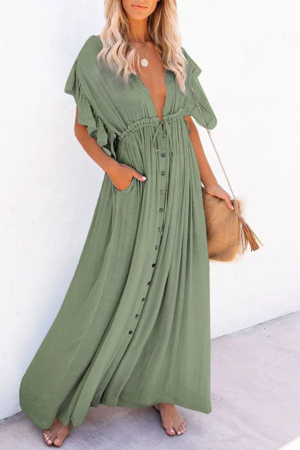 Eleanor - Fee Air Kleid mit V-Ausschnitt und gerüschten Ärmeln