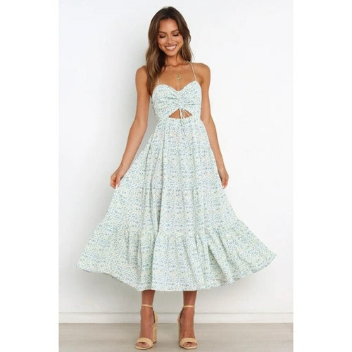 Langes Kleid mit Blumendruck und dünnen Trägern für einen frischen Look