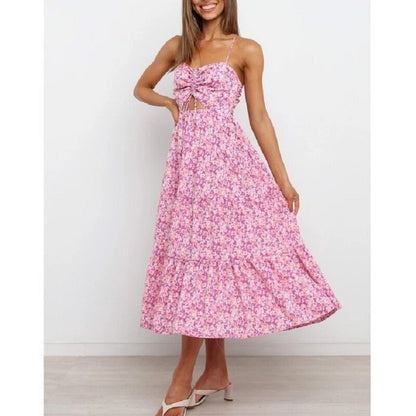 Langes Kleid mit Blumendruck und dünnen Trägern für einen frischen Look