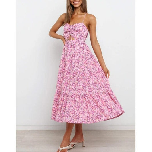 Langes Kleid mit Blumendruck und dünnen Trägern für einen frischen Look