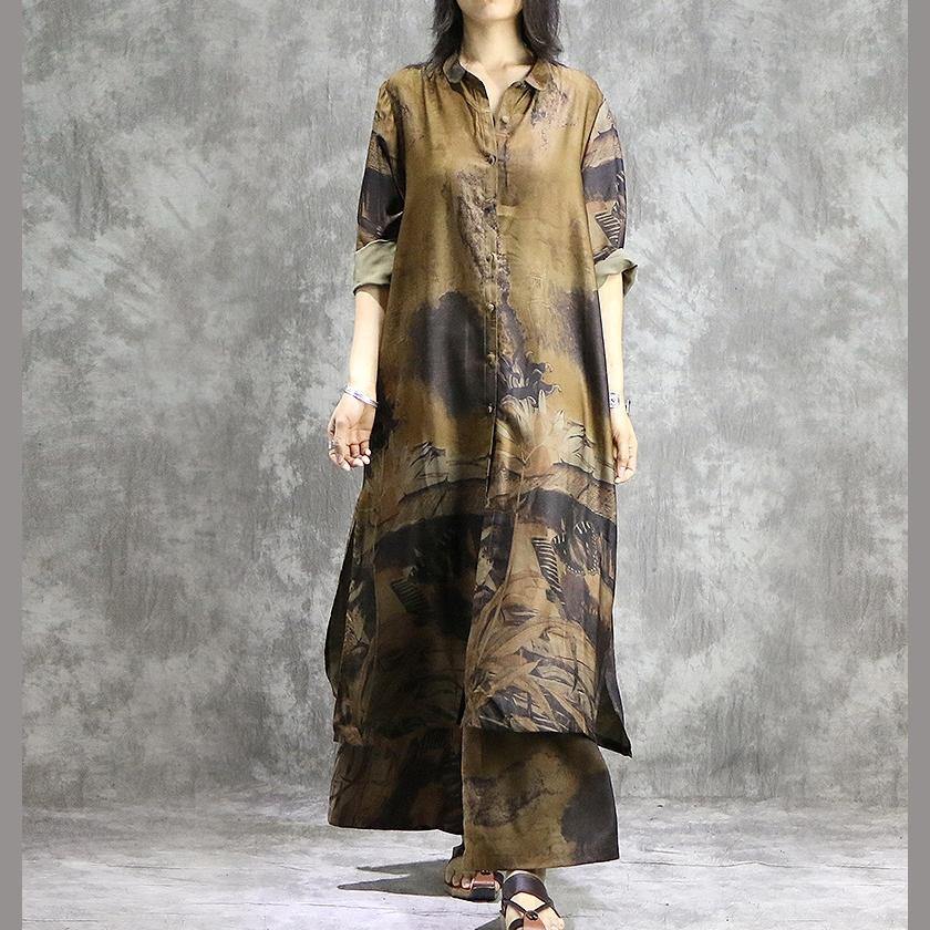 Elegante Hose mit weitem Bein Seidentunika gelb Zweiteiliges Plus-Size-Kleid Sommer Prints