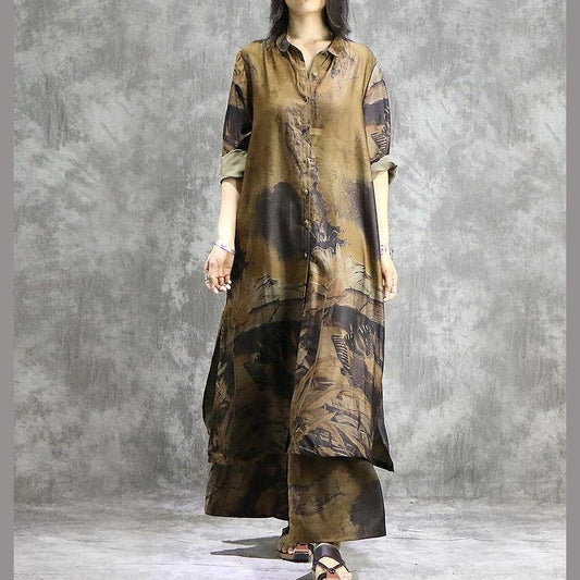 Elegante Hose mit weitem Bein Seidentunika gelb Zweiteiliges Plus-Size-Kleid Sommer Prints