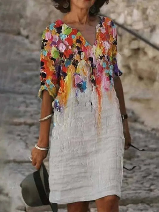 Ella - Kleid aus Baumwolle und Leinen mit Ausschnitt und Öldruck