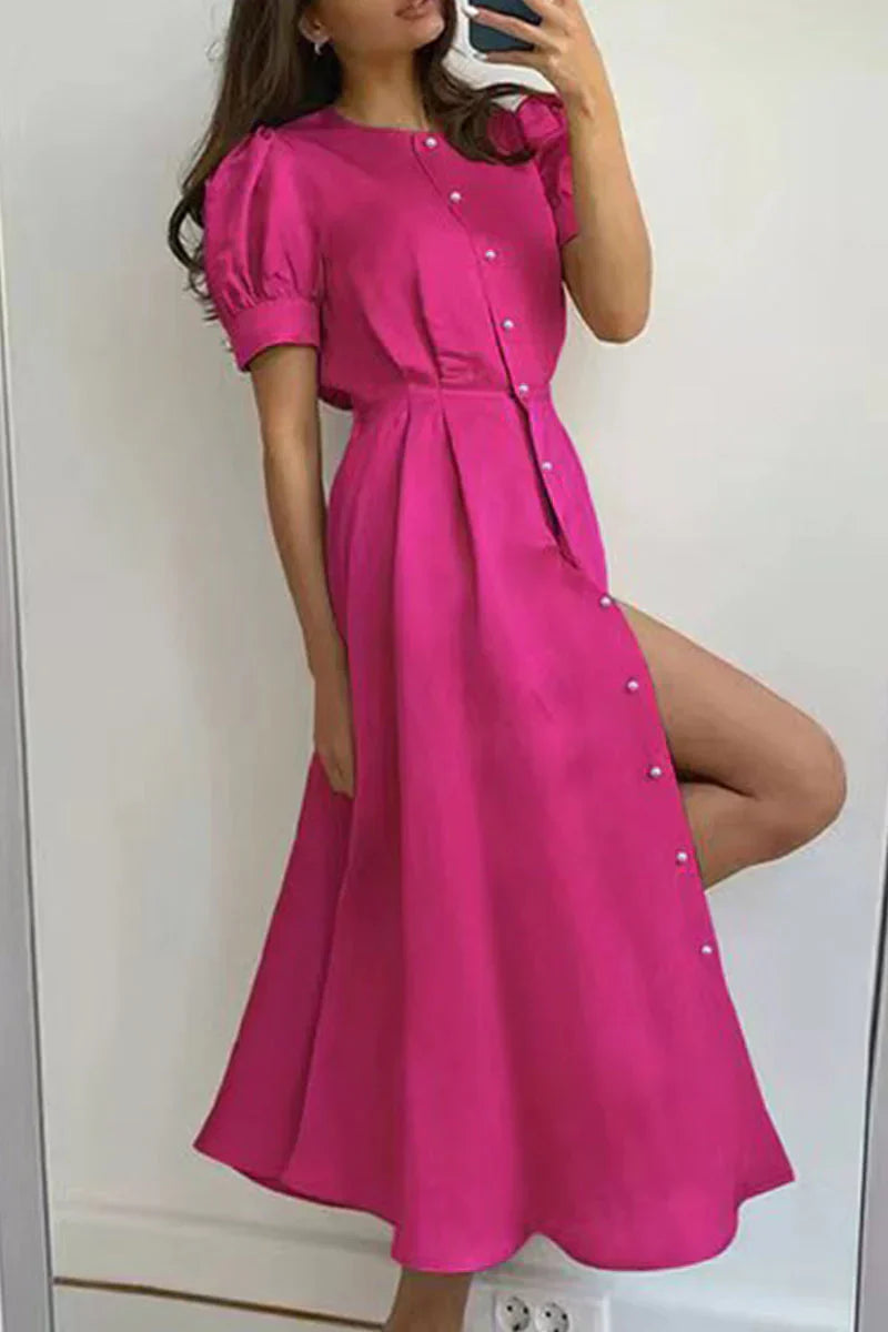Eudora - Elegantes A-Linien-Kleid mit O-Ausschnitt, kurzen Ärmeln und Schnallenverschluss