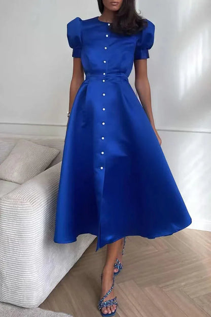 Eudora - Elegantes A-Linien-Kleid mit O-Ausschnitt, kurzen Ärmeln und Schnallenverschluss