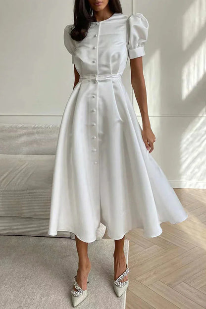 Eudora - Elegantes A-Linien-Kleid mit O-Ausschnitt, kurzen Ärmeln und Schnallenverschluss