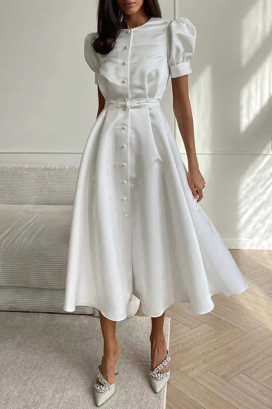 Eudora - Elegantes A-Linien-Kleid mit O-Ausschnitt, kurzen Ärmeln und Schnallenverschluss