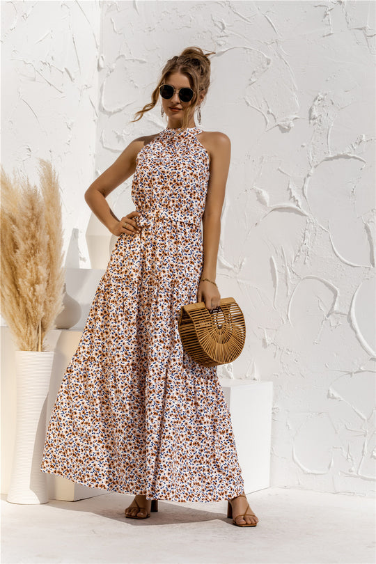 Evonne - Maxikleid mit Bindegürtel und buntem Tupfenmuster