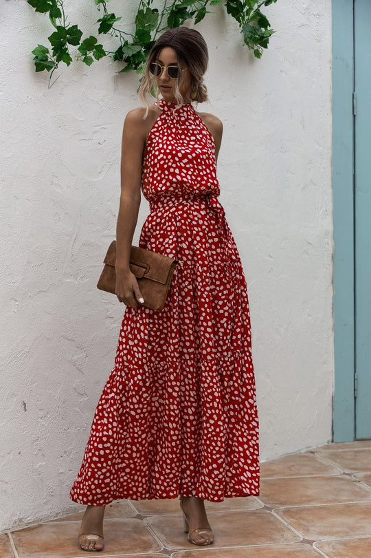 Evonne - Maxikleid mit Bindegürtel und buntem Tupfenmuster