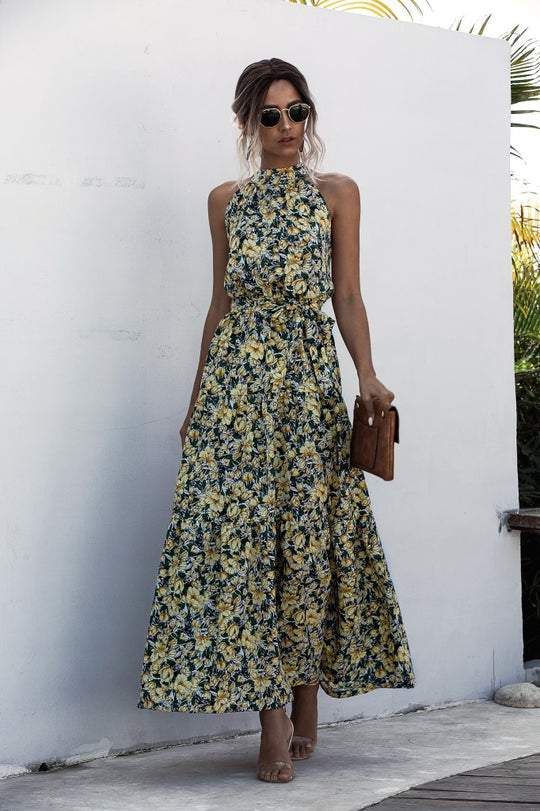 Evonne - Maxikleid mit Bindegürtel und buntem Tupfenmuster