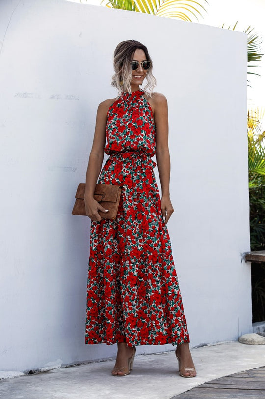 Evonne - Maxikleid mit Bindegürtel und buntem Tupfenmuster