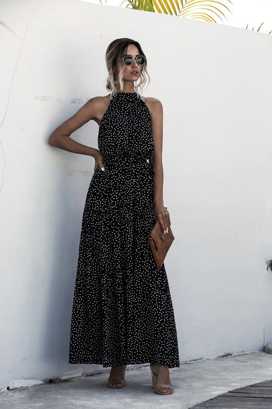 Evonne - Maxikleid mit Bindegürtel und buntem Tupfenmuster