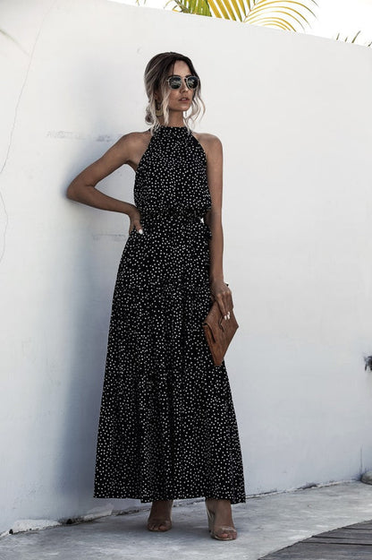 Evonne - Maxikleid mit Bindegürtel und buntem Tupfenmuster