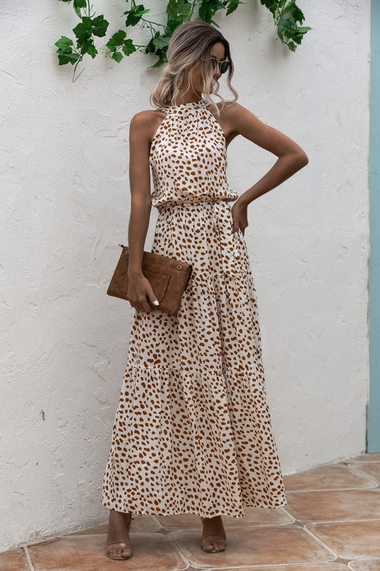 Evonne - Maxikleid mit Bindegürtel und buntem Tupfenmuster