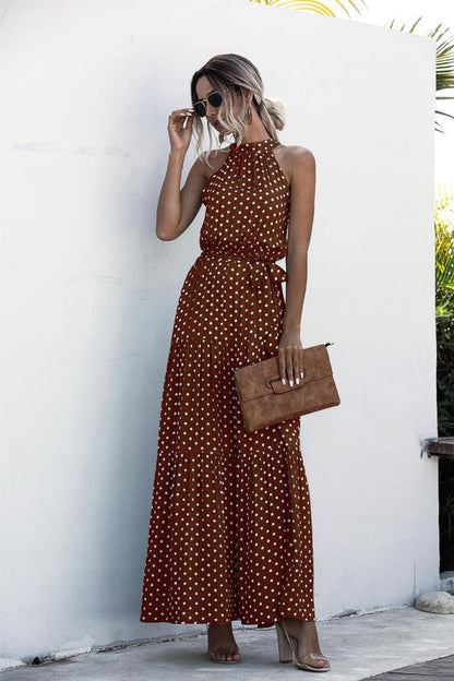 Evonne - Maxikleid mit Bindegürtel und buntem Tupfenmuster