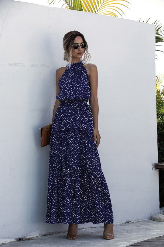 Evonne - Maxikleid mit Bindegürtel und buntem Tupfenmuster
