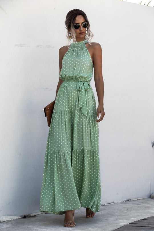 Evonne - Maxikleid mit Bindegürtel und buntem Tupfenmuster