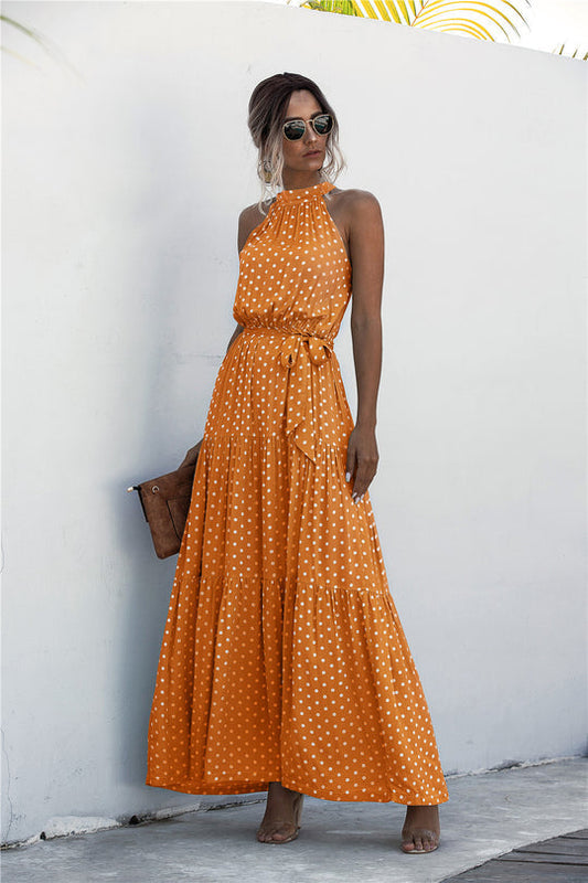 Evonne - Maxikleid mit Bindegürtel und buntem Tupfenmuster