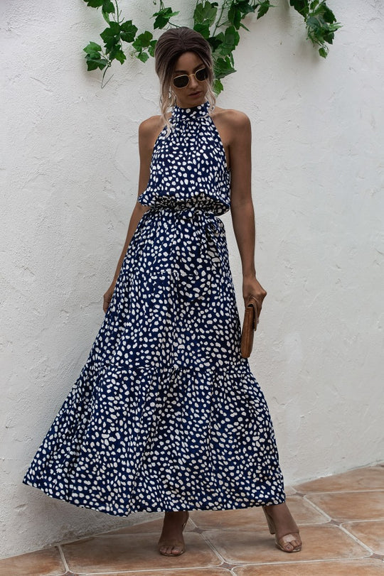 Evonne - Maxikleid mit Bindegürtel und buntem Tupfenmuster
