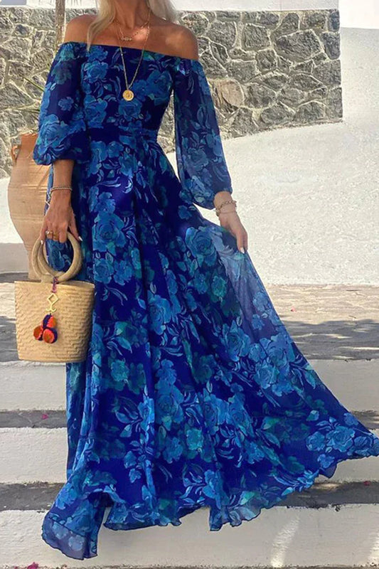 Leila - Gesmoktes Maxikleid mit Blumenmuster, schulterfrei, für die Feiertage