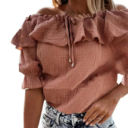 IANNA | Off-Shoulder Damenbluse mit Rüschen und Kordel