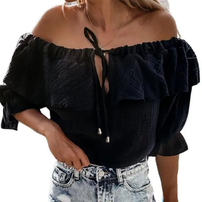 IANNA | Off-Shoulder Damenbluse mit Rüschen und Kordel