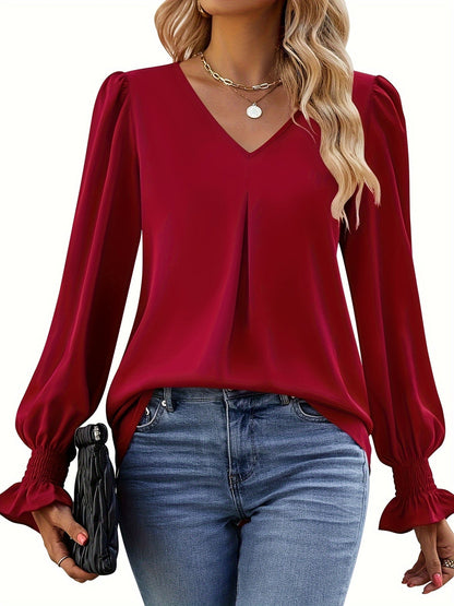 Fuchsia V-Ausschnitt Chiffonbluse - lange Ärmel & leichtes Design