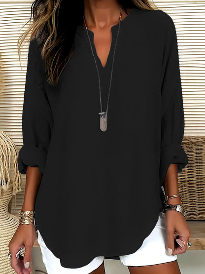 Bluse mit Rundhalsausschnitt - V-Ausschnitt Design & lange Ärmel Passform